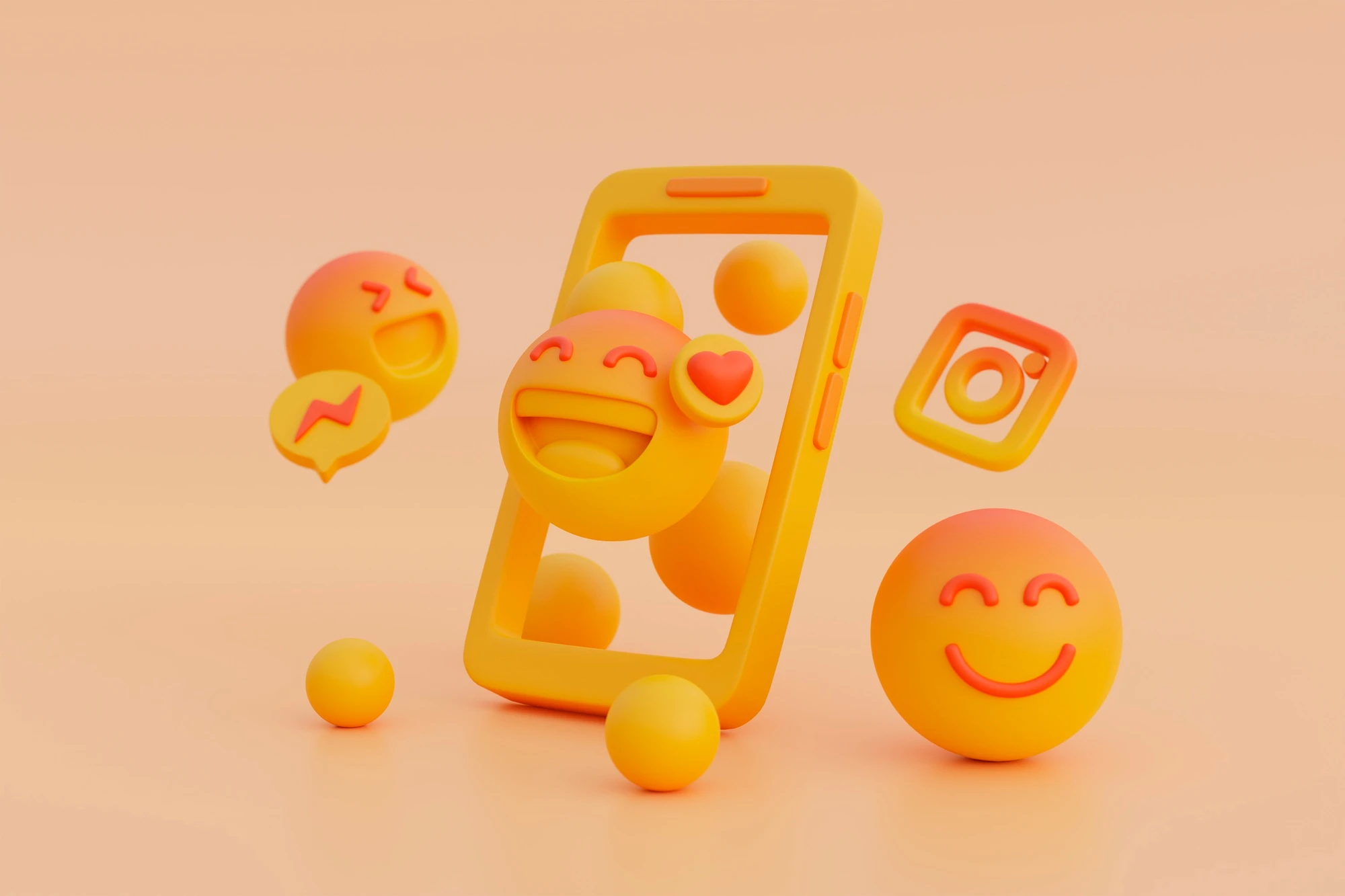Ilustrasi smartphone kuning dengan emoji senyum, hati, dan ikon media sosial di latar belakang.