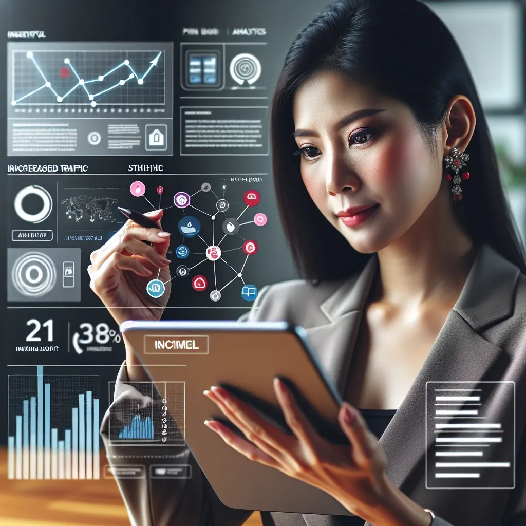 Seorang wanita profesional sedang menggunakan tablet dengan grafik dan data analitik di latar belakang.