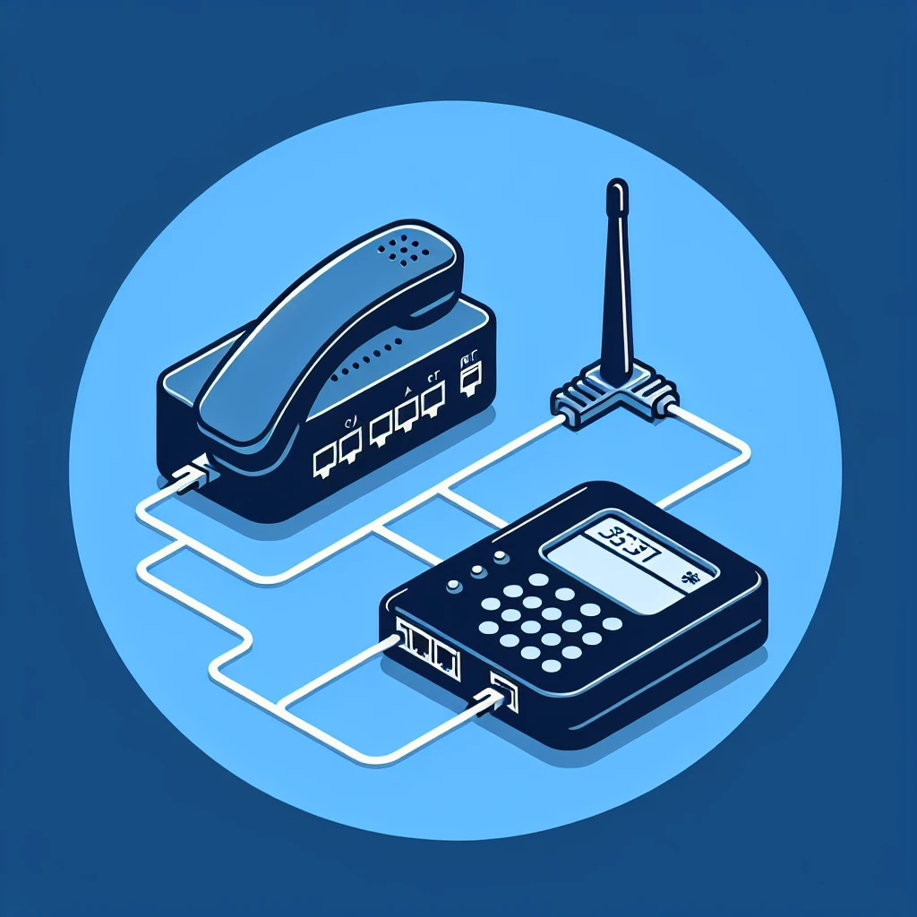 Perangkat telepon yang terhubung dengan modem dan antena melalui kabel.