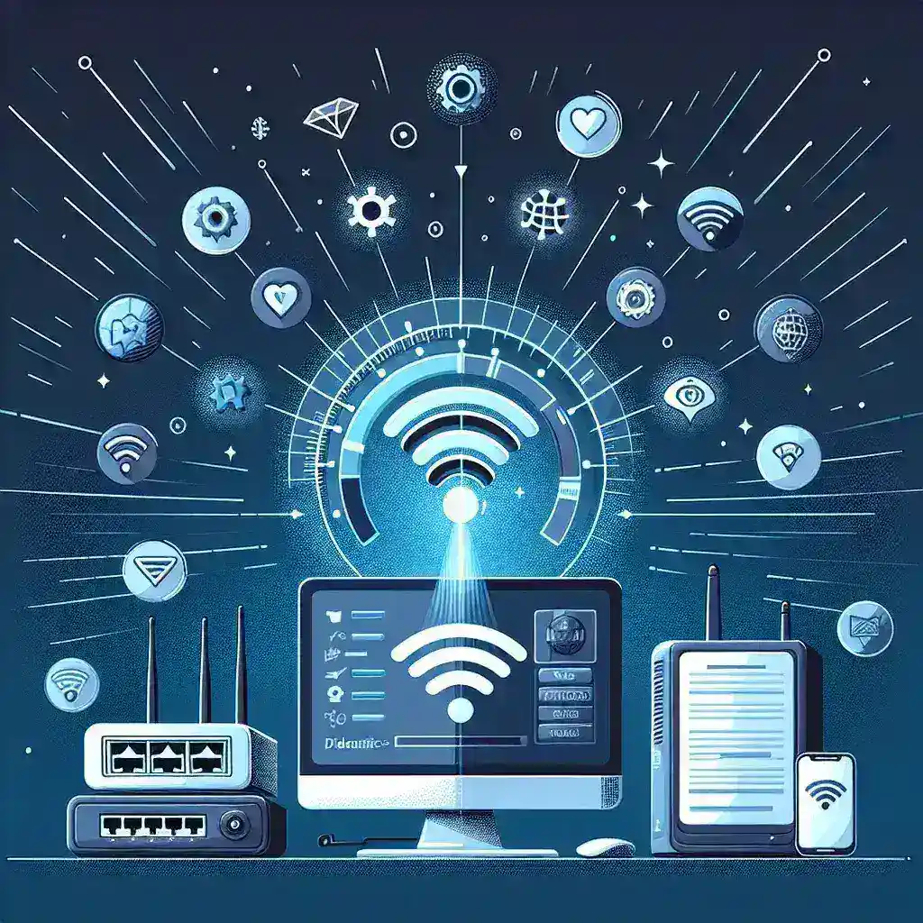 Ilustrasi komputer dengan simbol jaringan Wi-Fi dan berbagai ikon teknologi di sekitarnya.