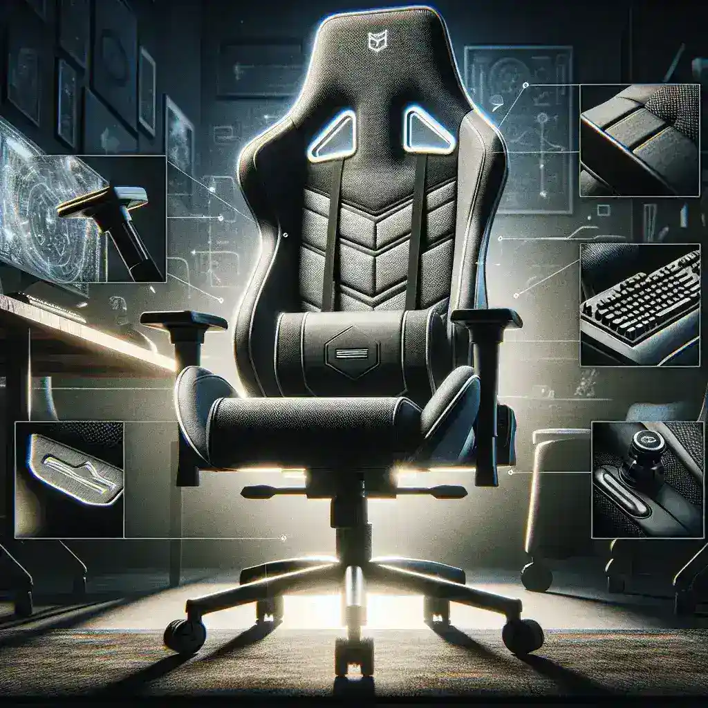 Kursi gaming ergonomis dengan desain modern dan fitur penyesuaian, dikelilingi oleh elemen teknologi.