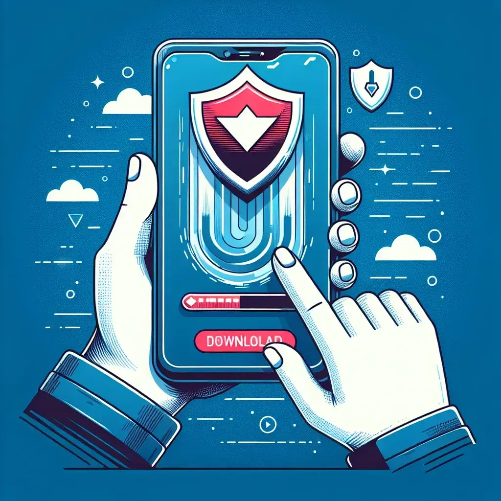 Gambar smartphone dengan ikon perisai keamanan dan tombol unduh di layar.