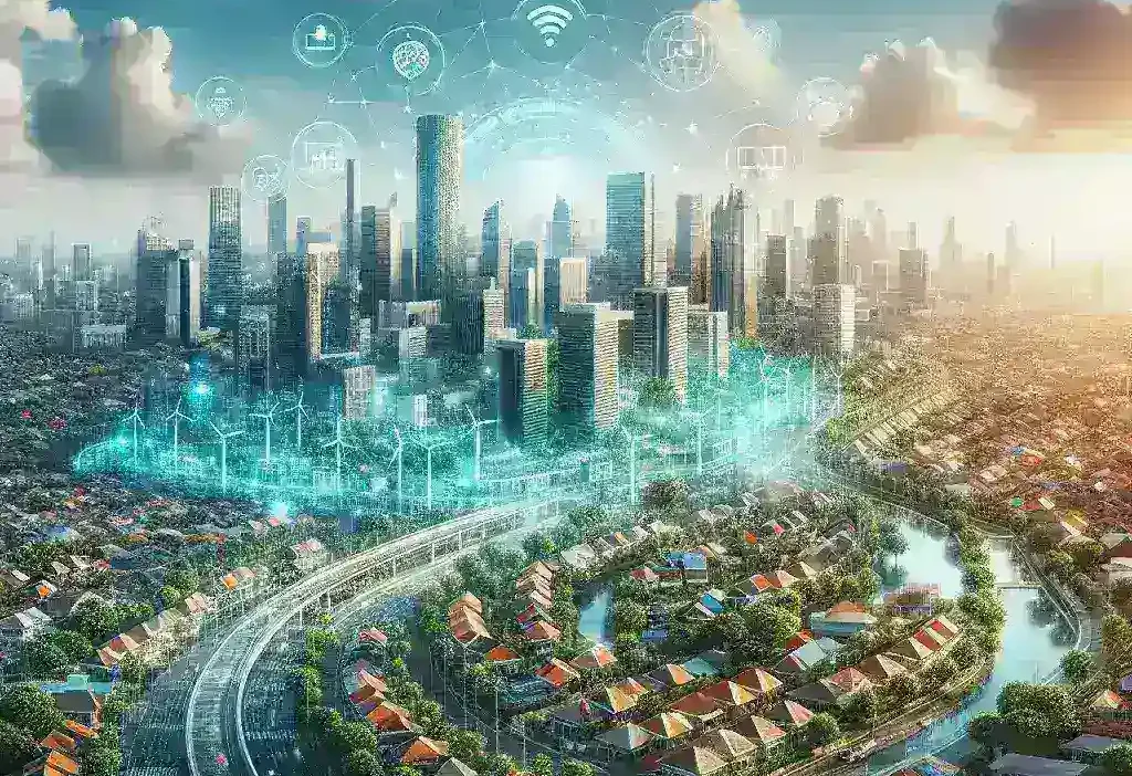 "Infografis tentang pengembangan infrastruktur Smart City di kota-kota tingkat dua di Indonesia, menampilkan berbagai proyek teknologi pintar dan inisiatif berkelanjutan yang mendukung urbanisasi dan kualitas hidup masyarakat."