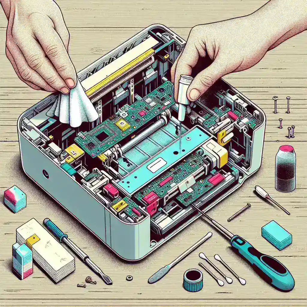Dua tangan sedang membersihkan dan memperbaiki perangkat elektronik yang terbuka, dengan berbagai alat di sekitarnya.