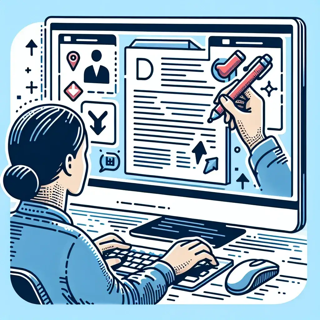 Seorang pengguna mengedit dokumen di layar komputer dengan alat pengeditan yang terlihat.
