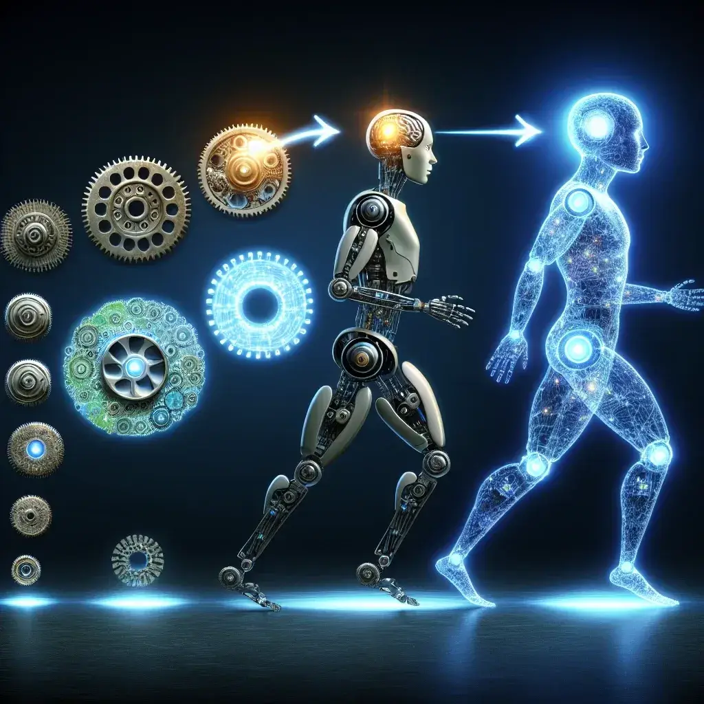 Ilustrasi yang menunjukkan transformasi robot menjadi manusia dengan elemen mekanis dan digital.