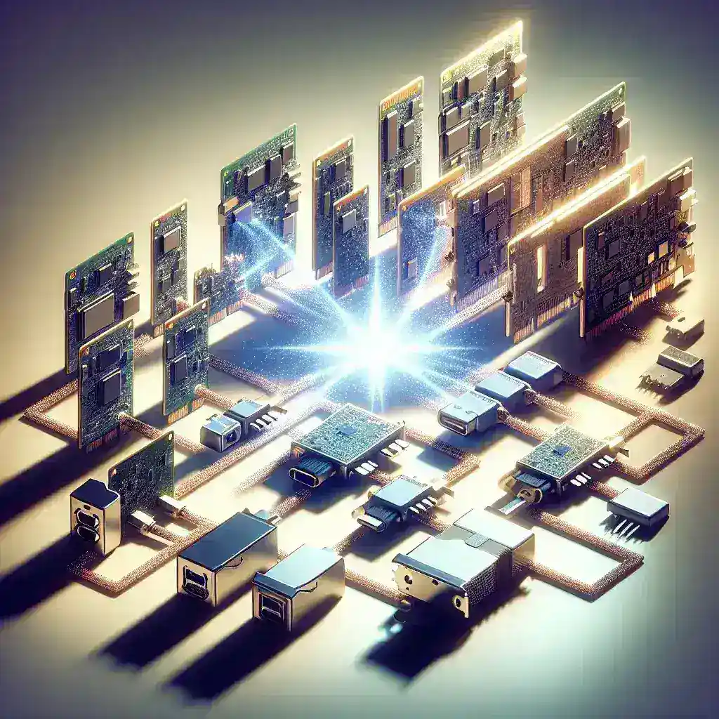 Sekumpulan papan sirkuit elektronik yang disusun dengan efek cahaya di tengahnya.