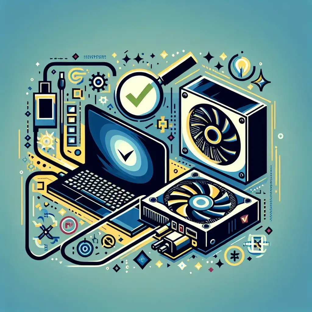 Ilustrasi perangkat komputer dengan laptop, pendingin, dan komponen lainnya dalam desain grafis.