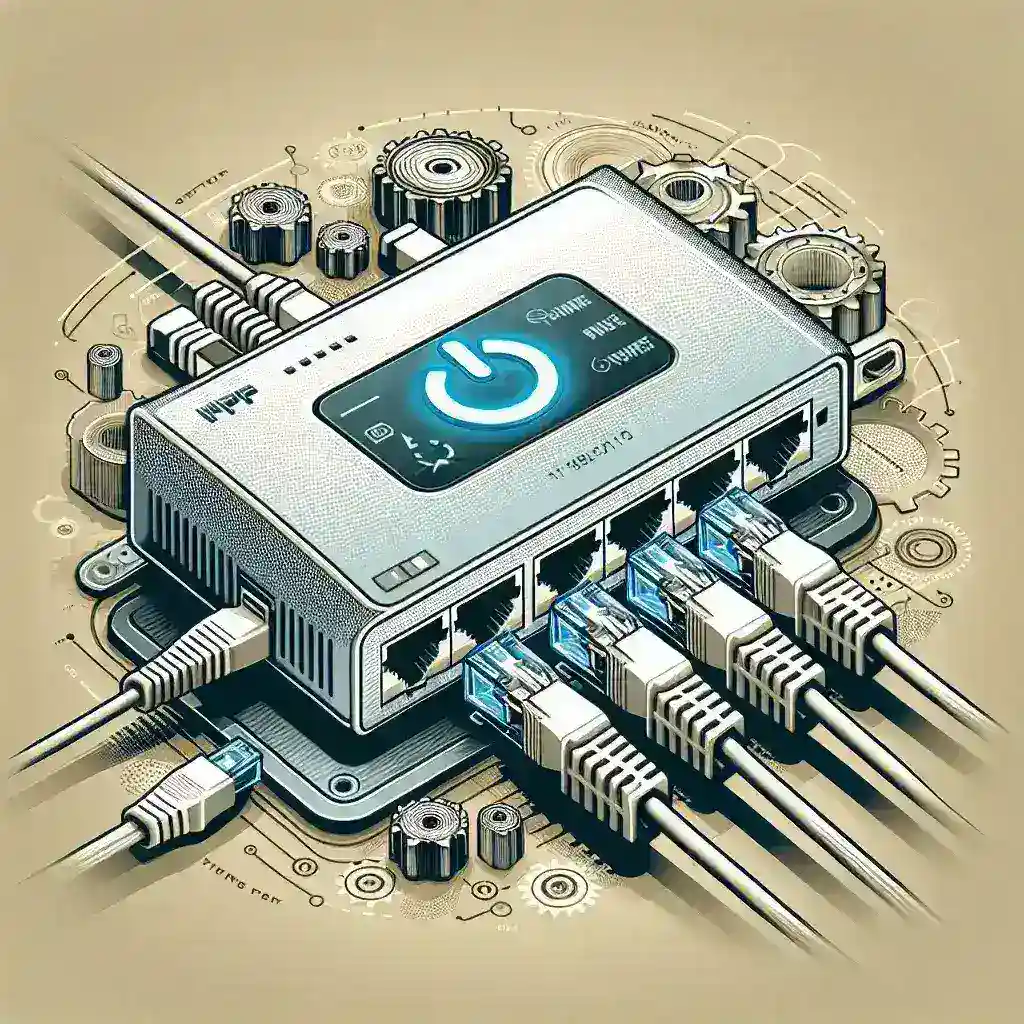 Perangkat jaringan dengan beberapa port Ethernet dan indikator daya yang menyala, dikelilingi oleh elemen teknis.
