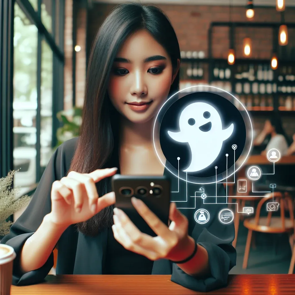 Seorang wanita muda menggunakan smartphone dengan ilustrasi hantu di layar di kafe.