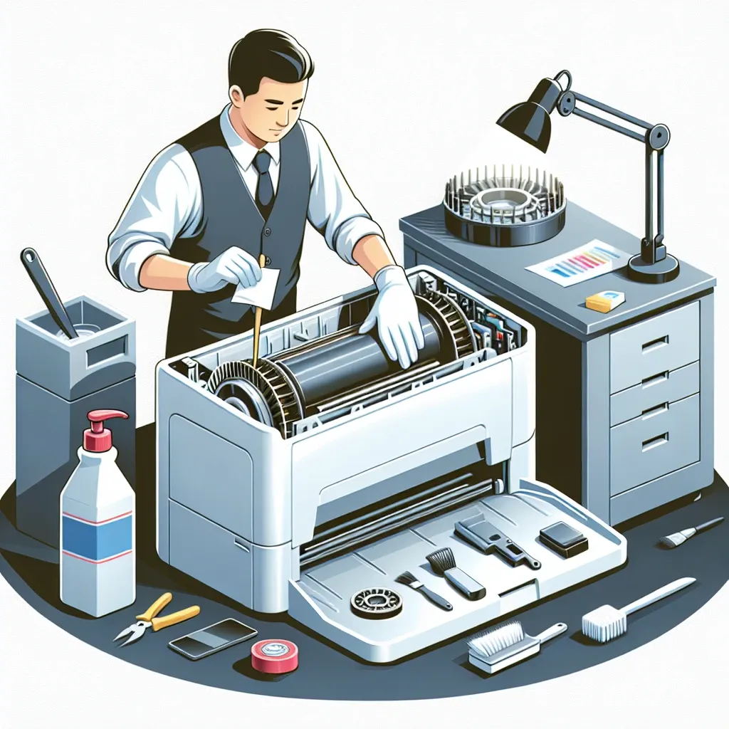 Seorang teknisi sedang memperbaiki printer dengan alat dan perlengkapan di sekitarnya.