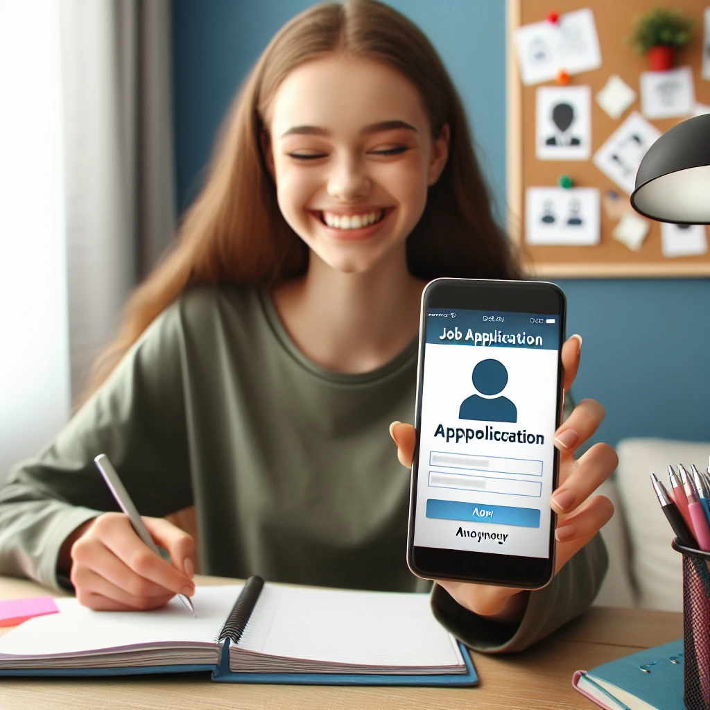 Seorang wanita tersenyum sambil menunjukkan aplikasi pekerjaan di smartphone dan menulis di buku catatan.