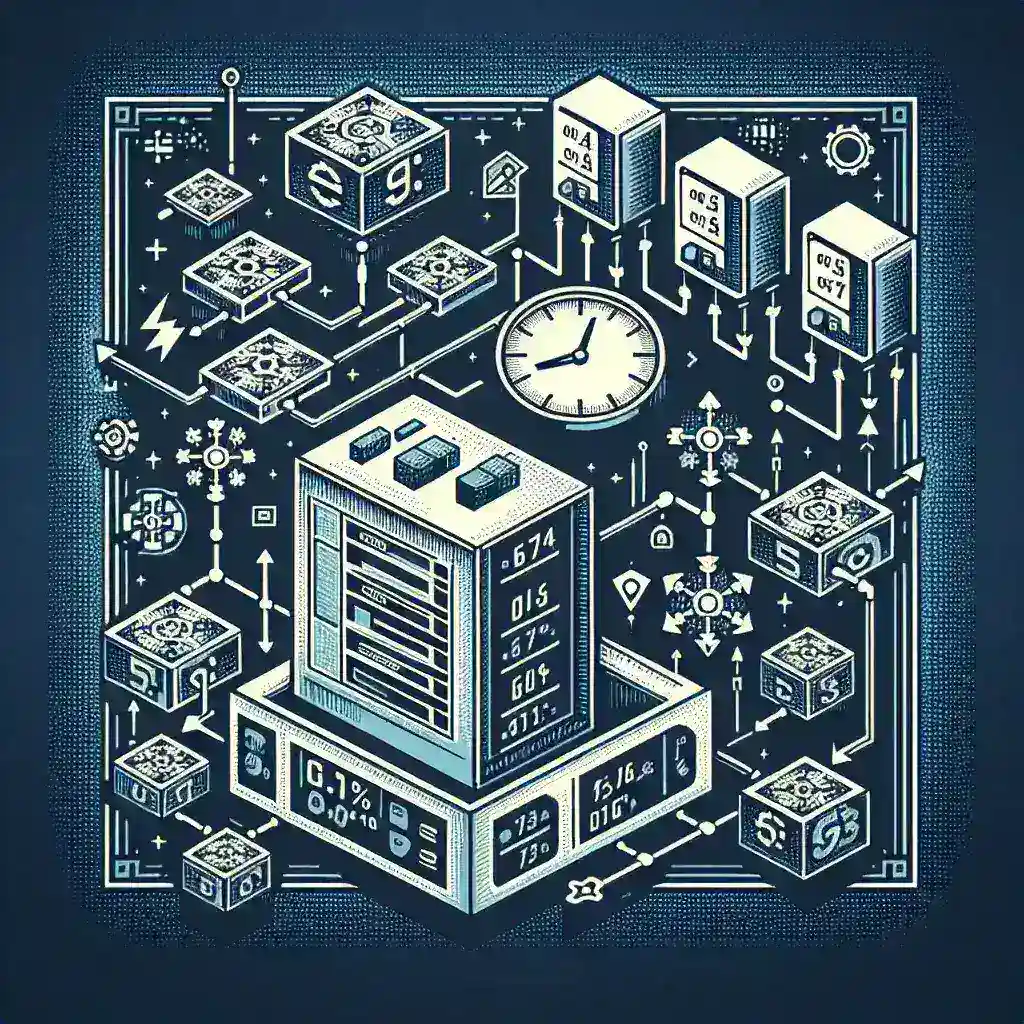 Ilustrasi sistem komputer dengan berbagai elemen grafis dan angka yang menunjukkan data dan waktu.