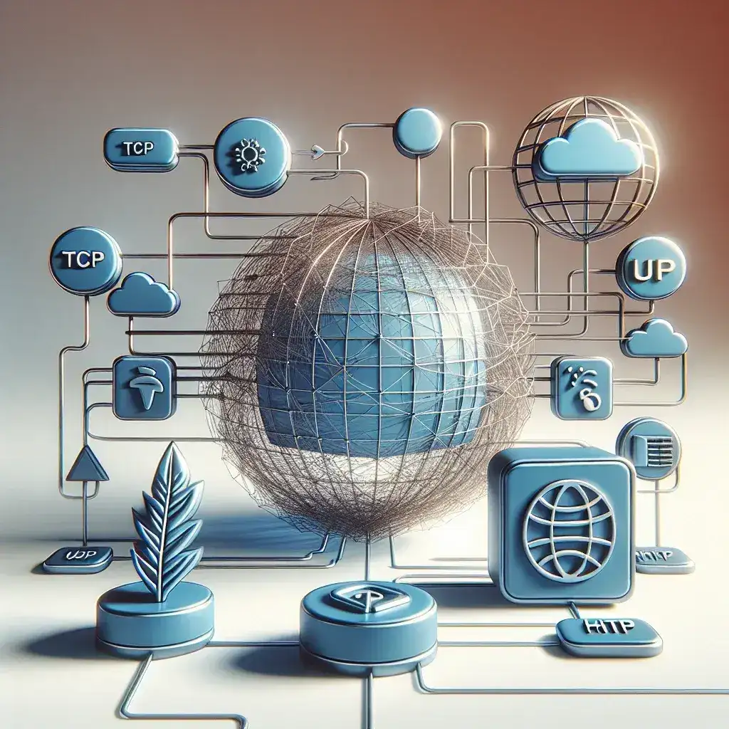 Ilustrasi globe dengan elemen jaringan dan simbol teknologi seperti TCP, HTTP, dan awan.