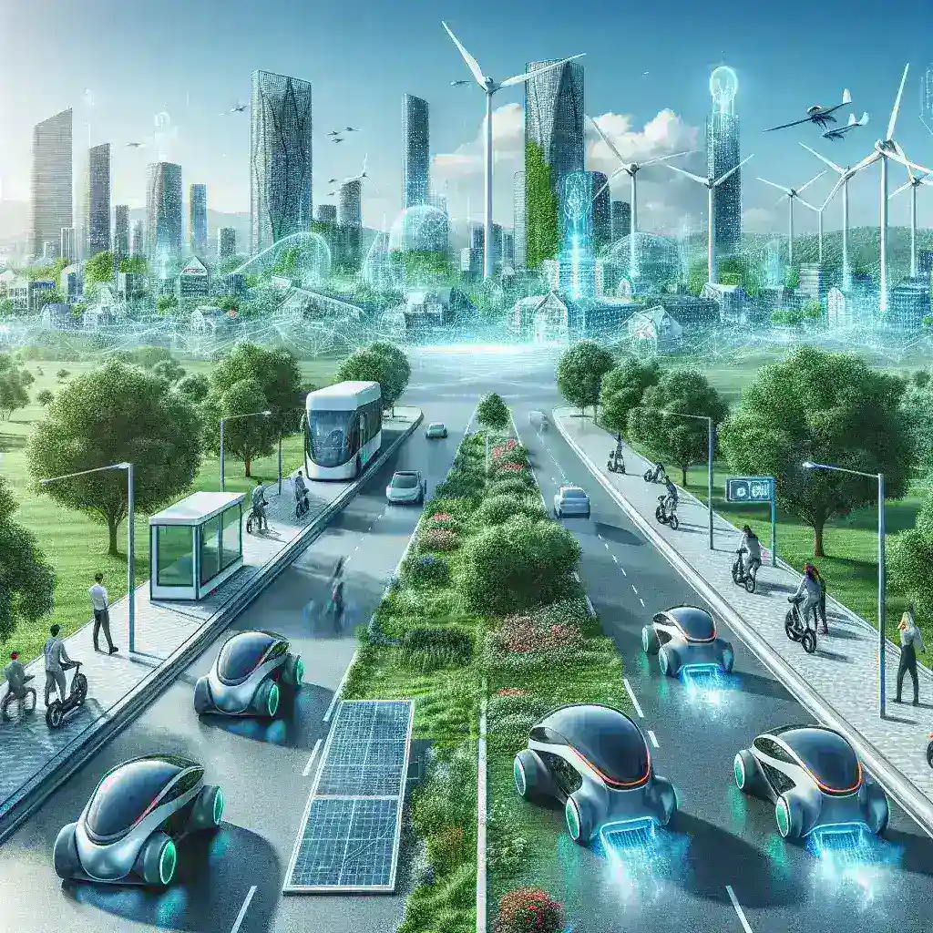 Ilustrasi kota futuristik dengan kendaraan otonom dan infrastruktur ramah lingkungan.