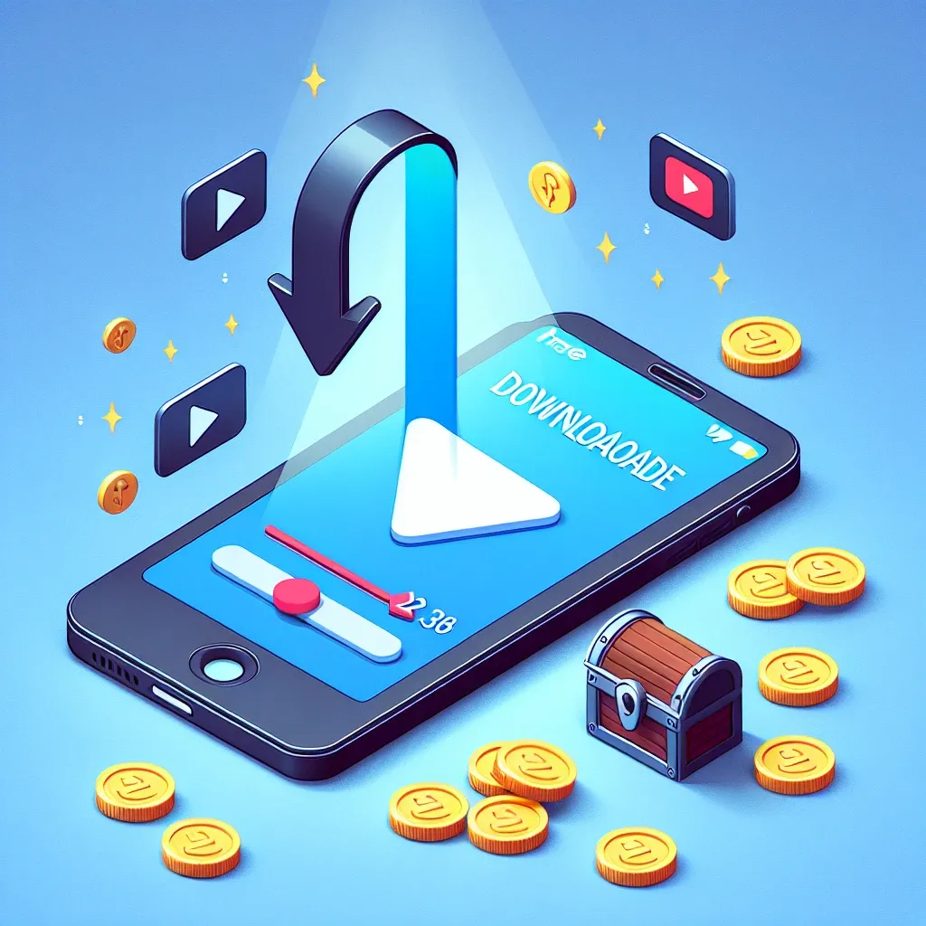 Ilustrasi smartphone dengan aplikasi unduh video dan ikon media sosial di sekitarnya.